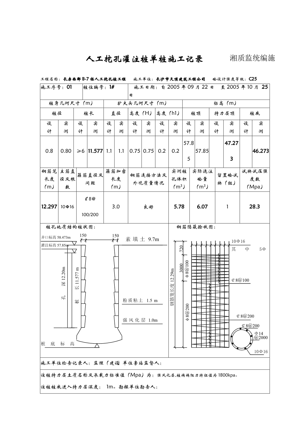人工挖孔桩单桩施工记录